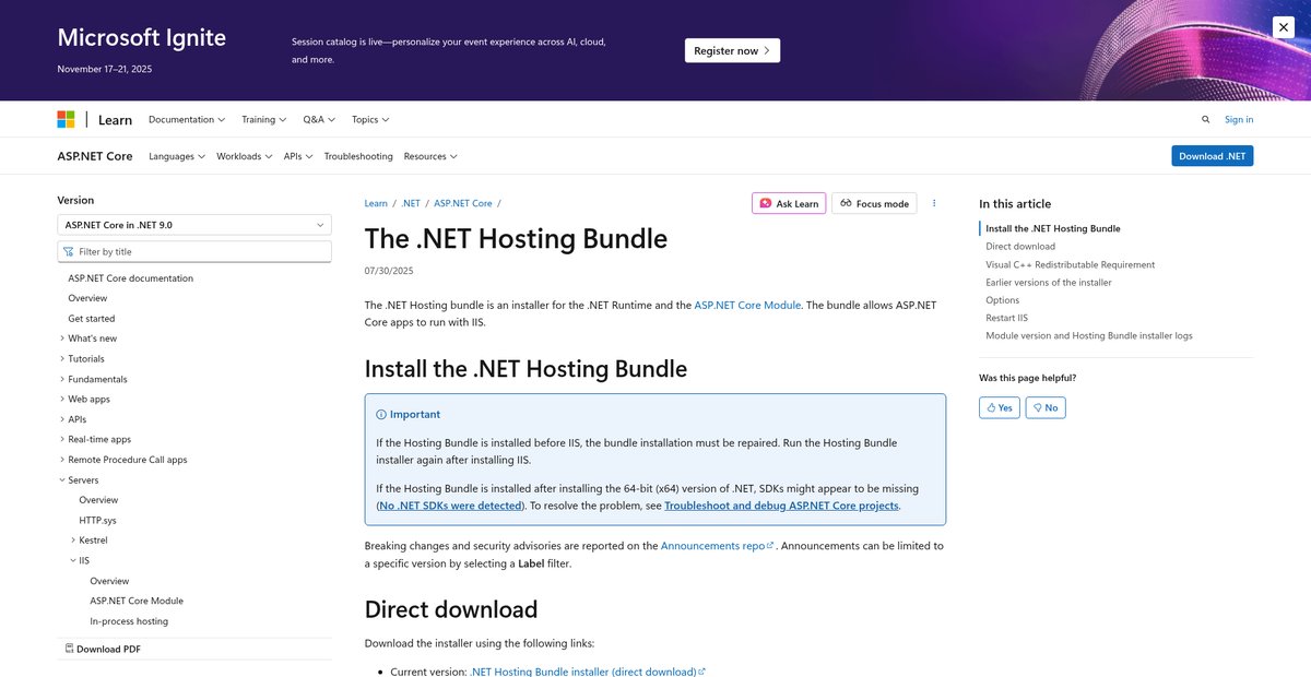 Install the .NET Hosting Bundle Screenshot