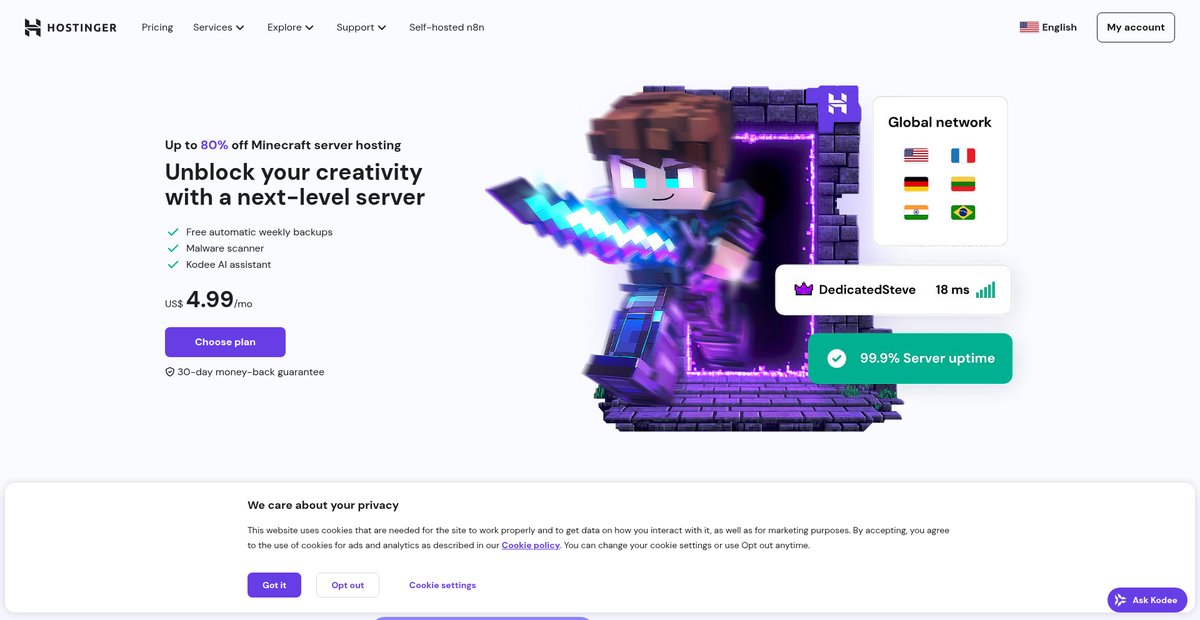 Minecraft server hosting | Low latency and high performance Screenshot