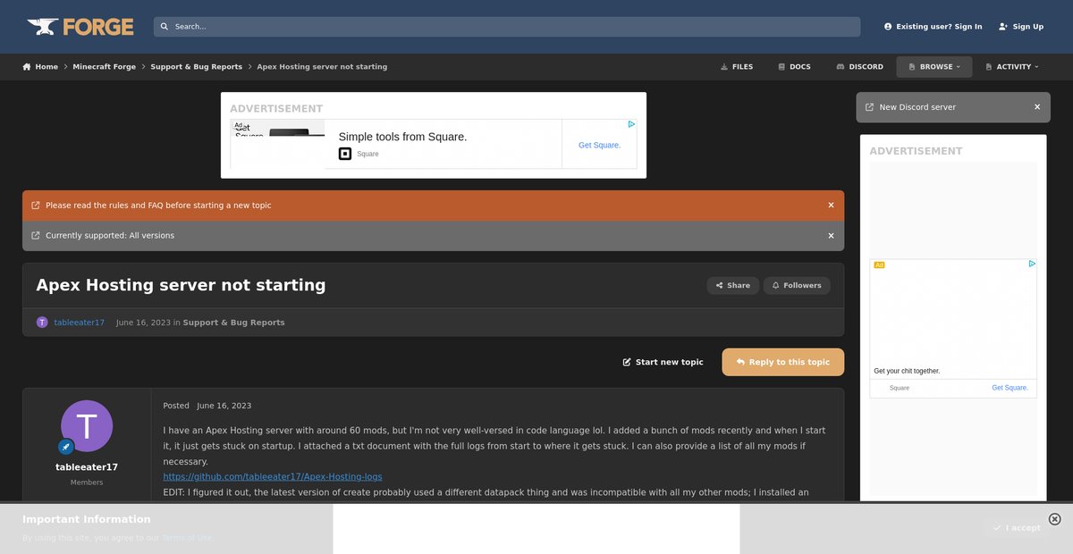 Apex Hosting server not starting - Support & Bug Reports Screenshot