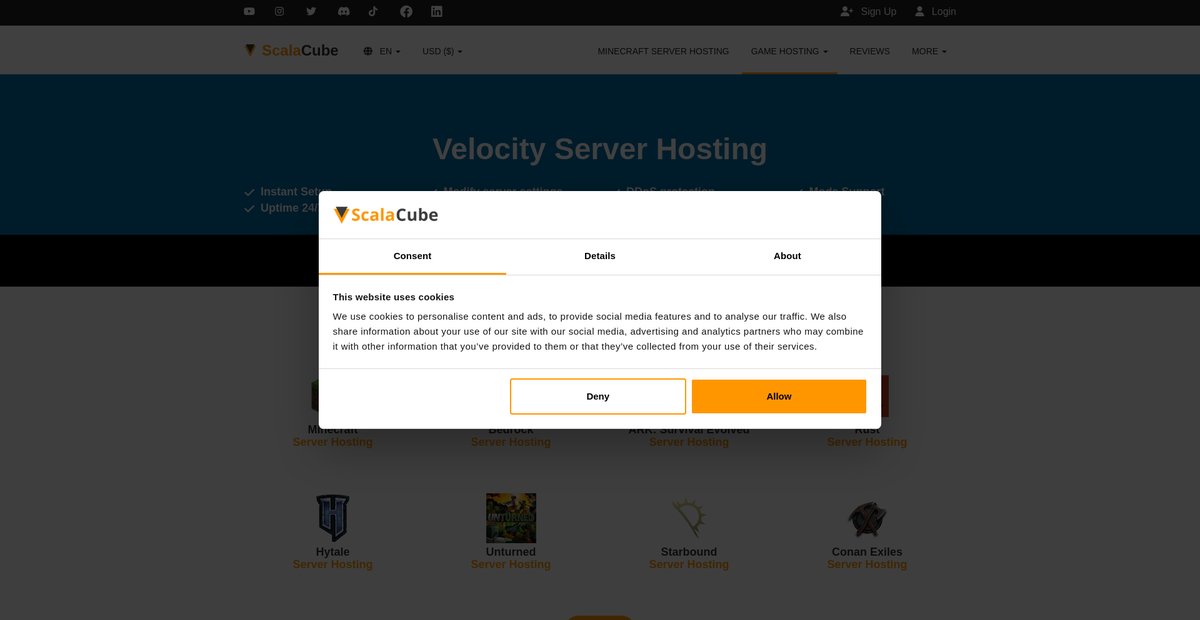 Velocity Server Hosting - ScalaCube Screenshot