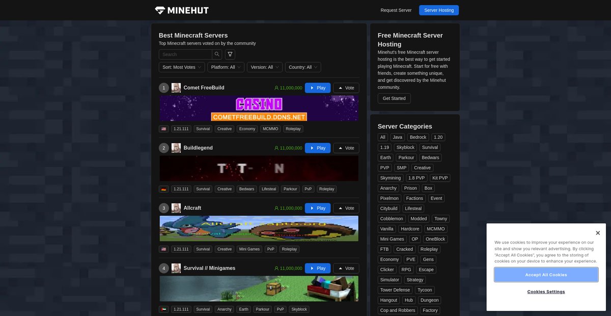 Free Minecraft Server Hosting & Best Minecraft Server List Screenshot