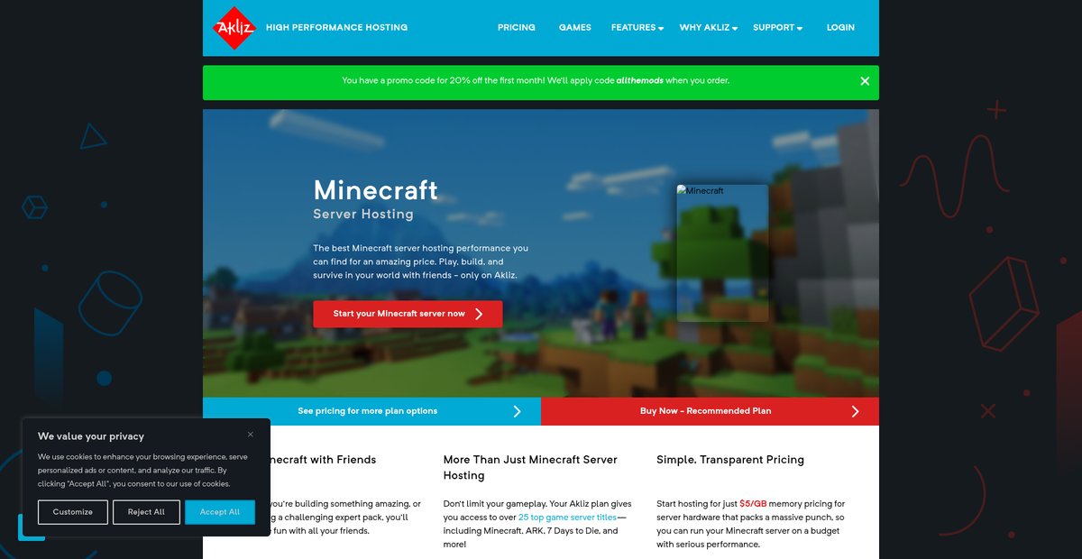 Minecraft Server Hosting | Modded Minecraft Server | Akliz Screenshot