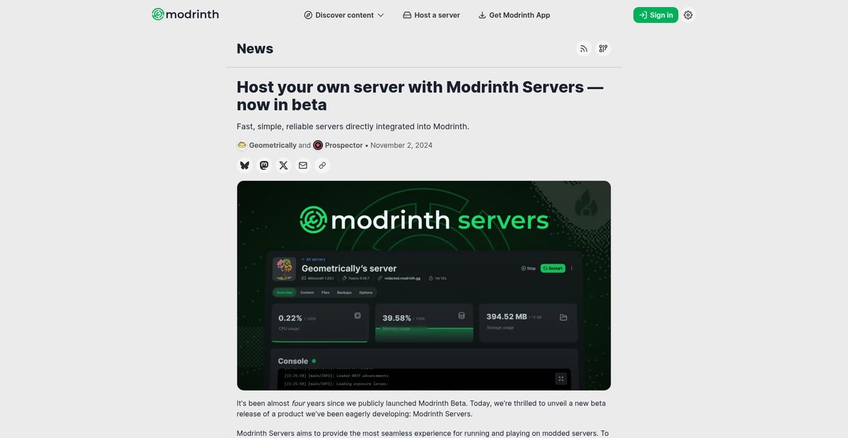 Host your own server with Modrinth Servers — now in beta Screenshot