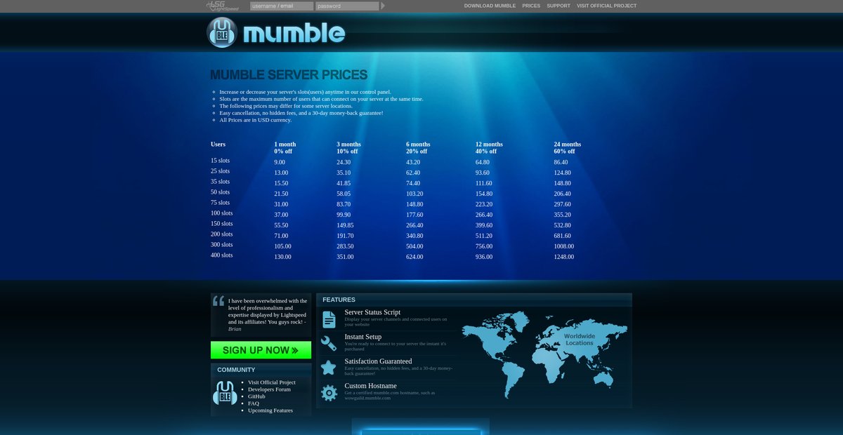 Mumble.com | Mumble Server Pricing Screenshot