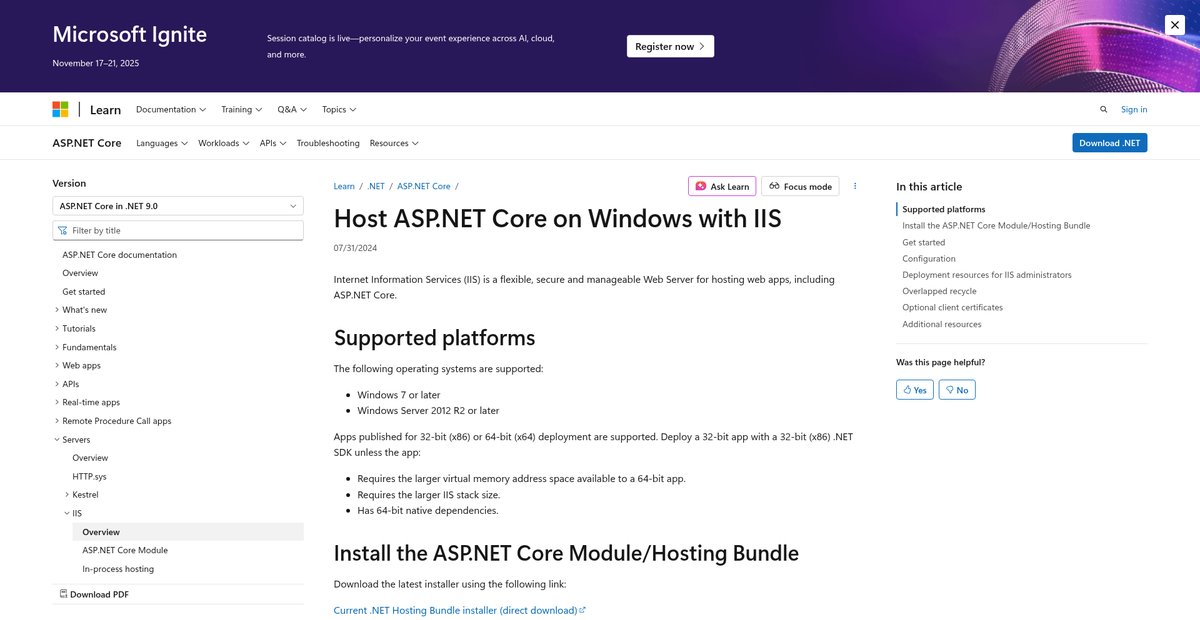 Host ASP.NET Core on Windows with IIS Screenshot