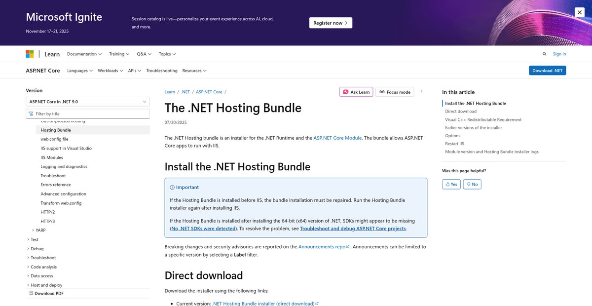 Install the .NET Hosting Bundle Screenshot
