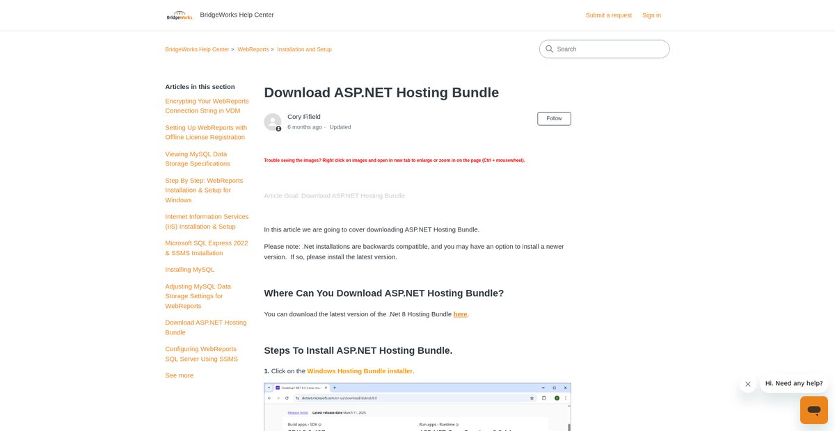 Download ASP.NET Hosting Bundle - BridgeWorks Help Center Screenshot