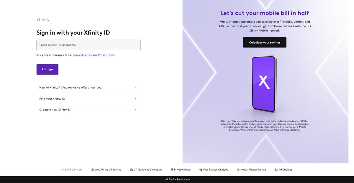 Sign in to Xfinity Screenshot