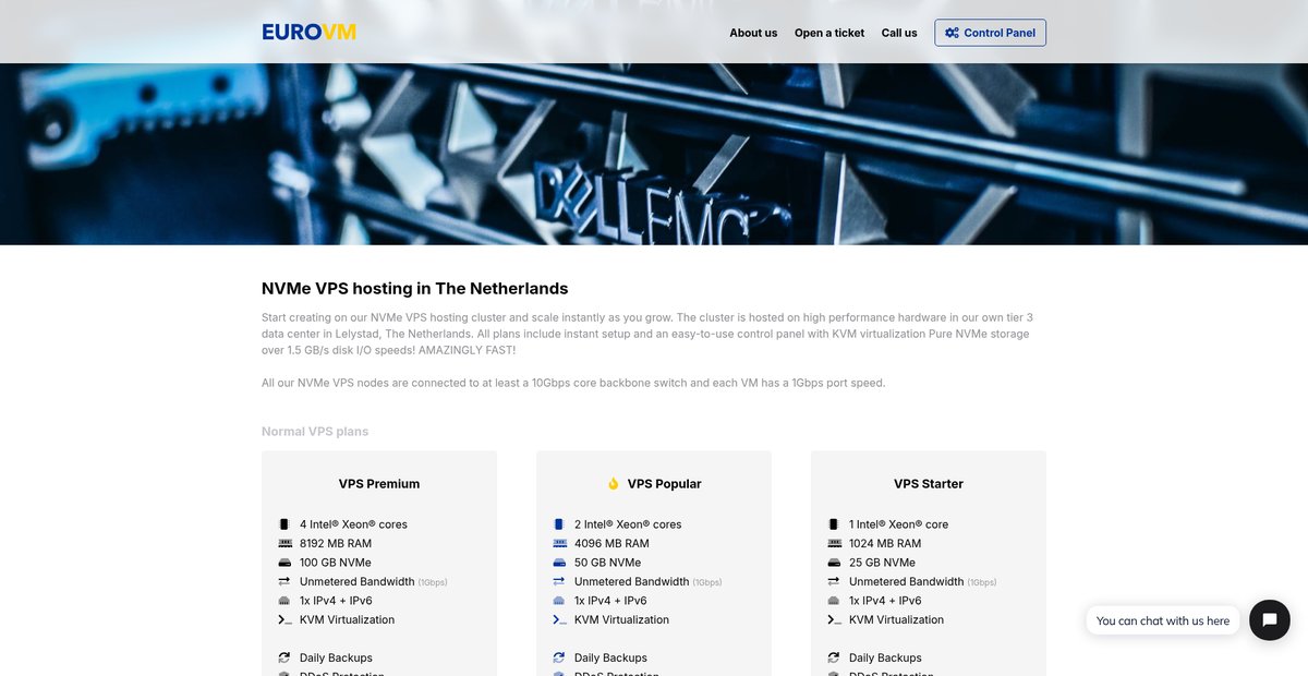 EuroVM | NVMe VPS hosting in The Netherlands Screenshot