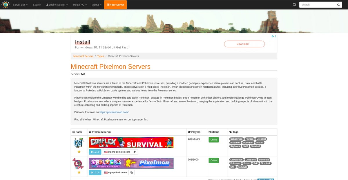 Minecraft Pixelmon Server List | Best Minecraft Pixelmon Servers Screenshot