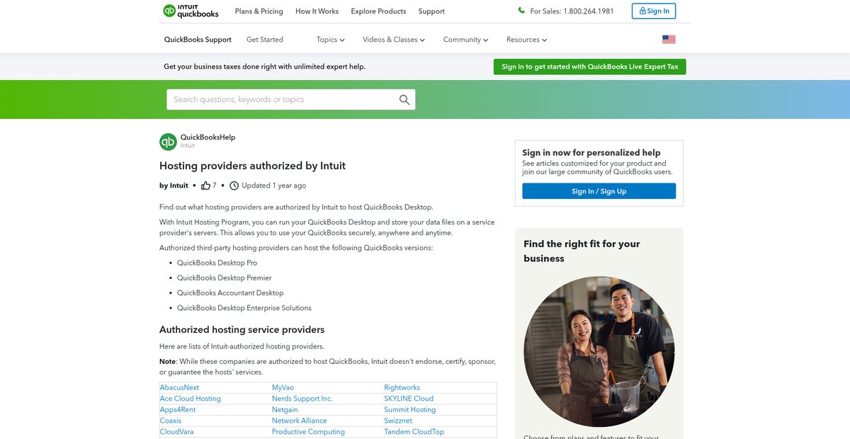 Hosting providers authorized by Intuit Screenshot