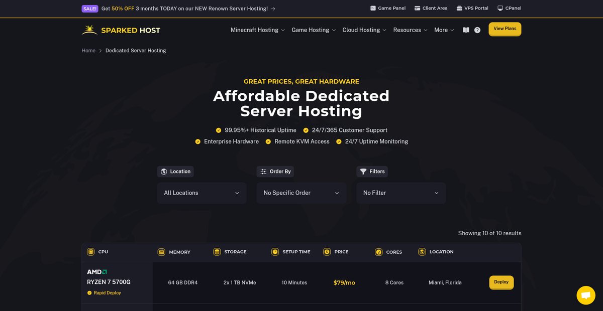 Dedicated Server Hosting - Sparked Host Screenshot