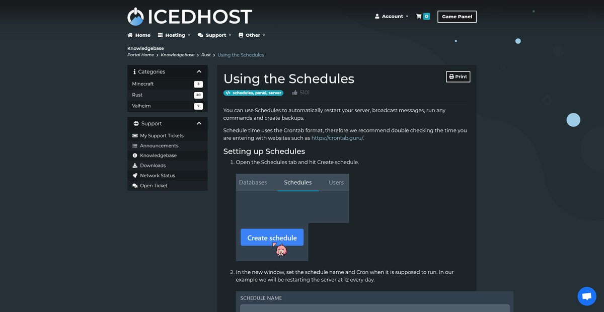 Using the Schedules - IcedHost.com - Knowledgebase Screenshot