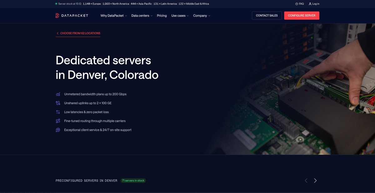 100 Mbps – 40 Gbps Unmetered dedicated servers in Denver, Colorado | DataPacket.com Screenshot