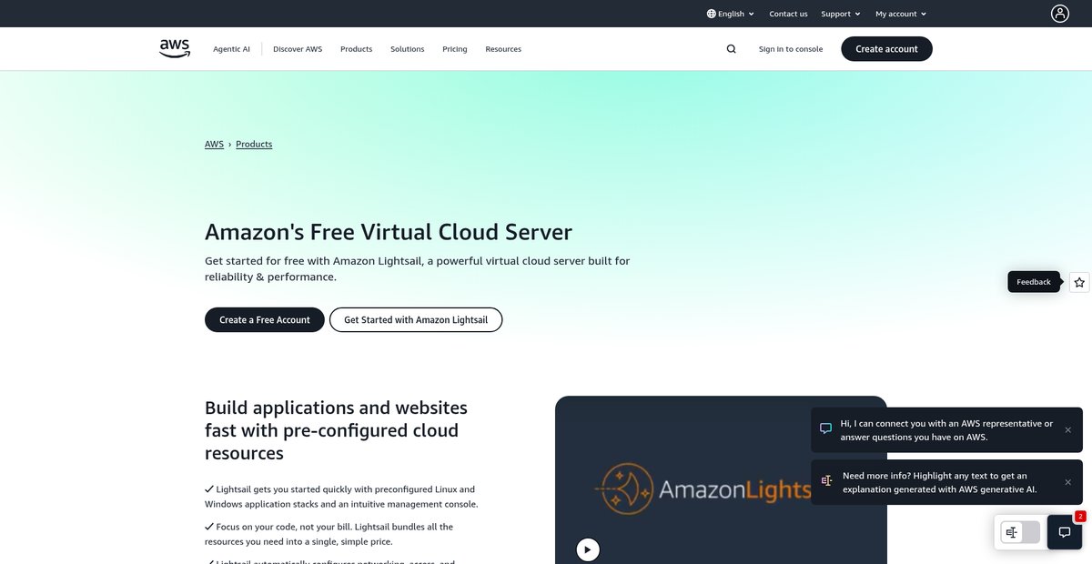 Free Cloud Server - Free Lightsail - AWS Screenshot