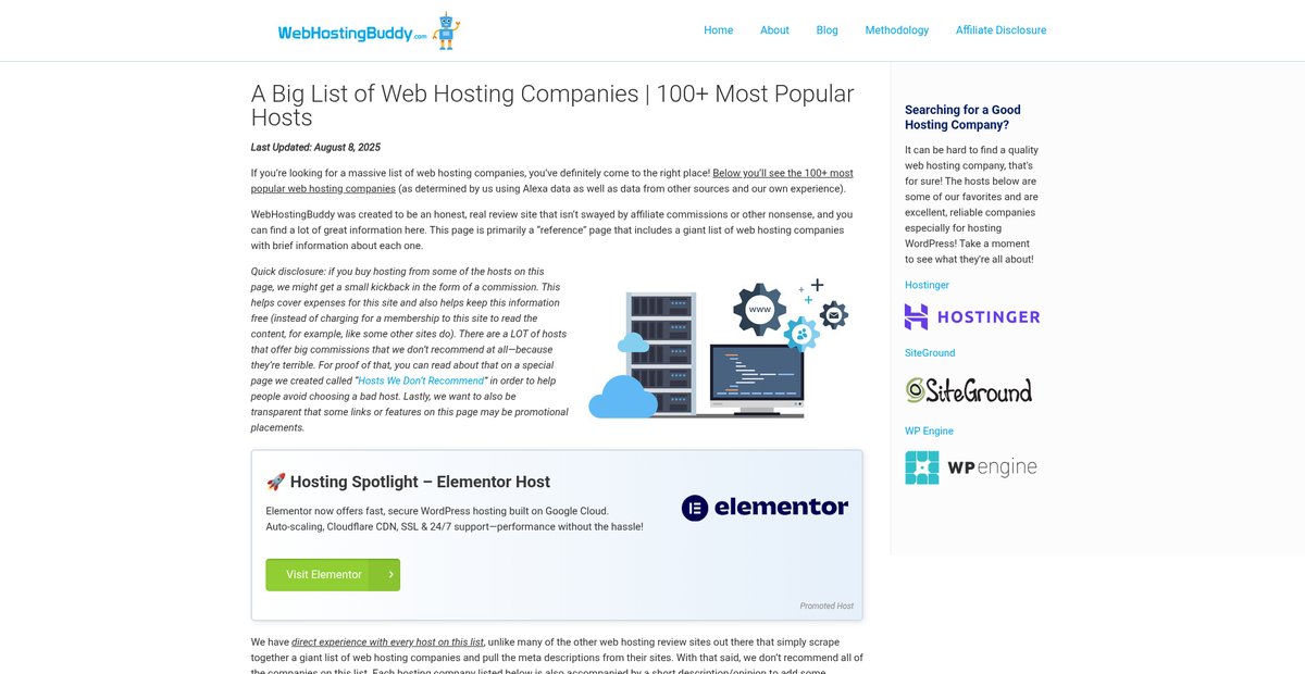 A Big List of Web Hosting Companies | 100 Most Popular Hosts Screenshot