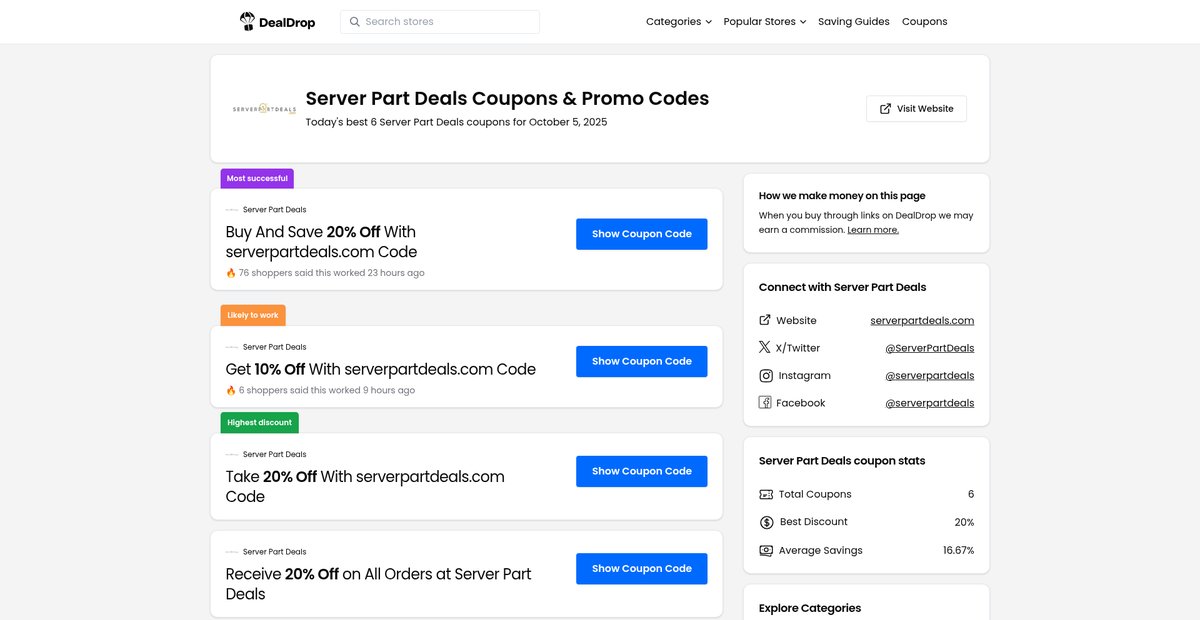 Server Part Deals Coupons & Promo Codes Screenshot