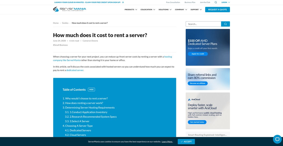 How much does it cost to rent a server? Screenshot