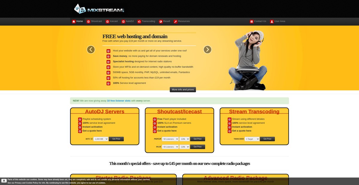 Internet Radio and Live Webcasting Specialists / Shoutcast Hosting, Icecast Servers, AutoDJ and Streaming Services Screenshot