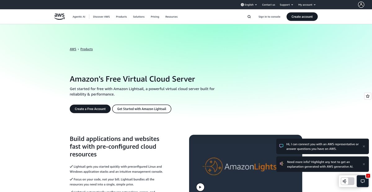 Free Cloud Server - Free Lightsail - AWS Screenshot