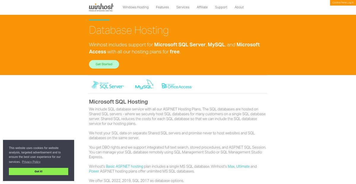 SQL, MySQL, Access Hosting | Winhost database hosting Screenshot