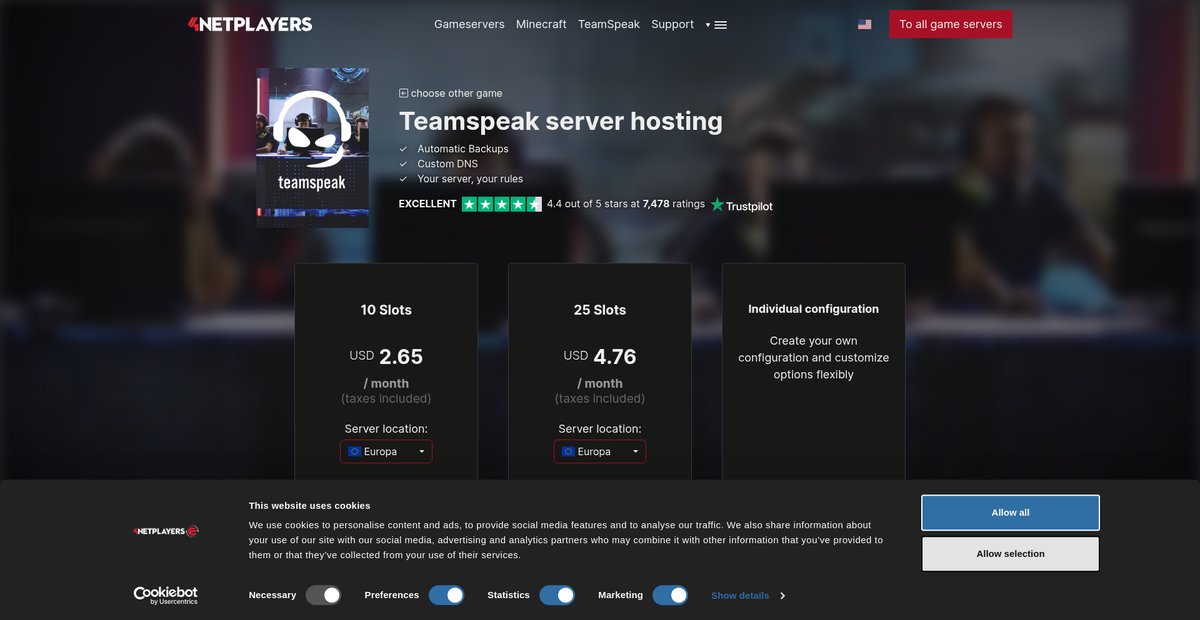 Teamspeak Server hosting from USD2.65/month Screenshot