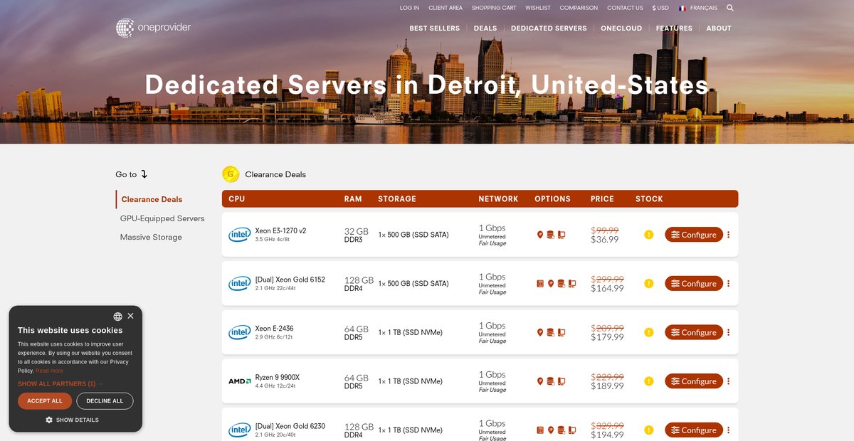 Dedicated servers in Detroit, United States | OneProvider Screenshot