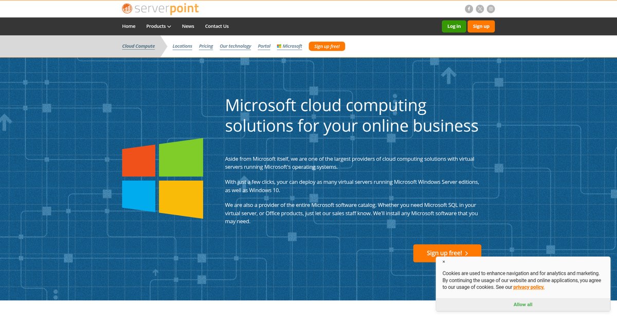 Dedicated server hosting, cloud VPS virtual servers and web hosting services by ServerPoint. Screenshot