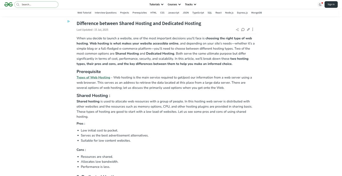 Difference between Shared Hosting and Dedicated Hosting Screenshot