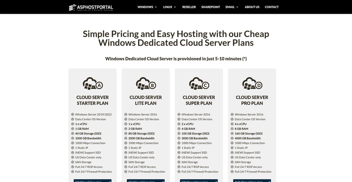 ASPHostPortal.com - Comparison of our Windows Cheap Cloud Server Hosting Plan Screenshot